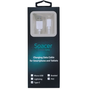CABLU alimentare si date SPACER, pt. smartphone, USB 2.0 (T) la Type-C (T), PVC,2.1A,Retail pack, 1m, alb, 