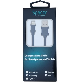 CABLU alimentare si date SPACER, pt. smartphone, USB 2.0 (T) la Lightning (T), pentru Iphone,PVC,Retail pack, 1m, black,  