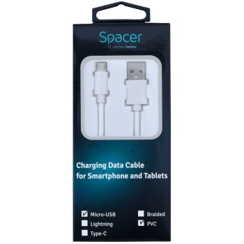 CABLU alimentare si date SPACER, pt. smartphone, USB 2.0 (T) la Micro-USB 2.0 (T), PVC, bulk, 1.8m, alb 