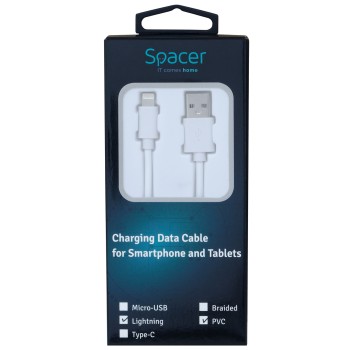 CABLU alimentare si date SPACER, pt. smartphone, USB 2.0 (T) la Lightning (T), pentru Iphone, PVC,Retail pack, 1.8m, White,  