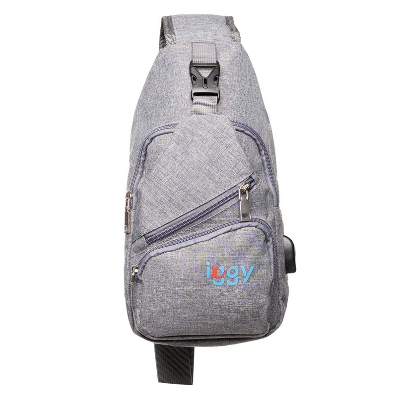 RUCSAC Sling Iggy, polyester,1 bretea, 1 compartiment principal,2 compartimente frontale, 32x16x6.9cm, mufa USB incarcare+cablu, gri, 
