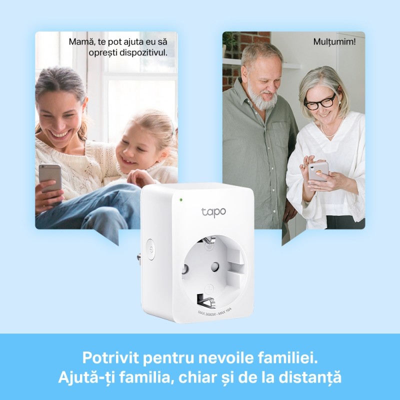 PRIZA inteligenta TP-LINK, Schuko x 1, cu monitorizarea energiei, conectare prin Schuko (T), 16 A, programare prin smartphone, Bluetooth, WiFi, alb 