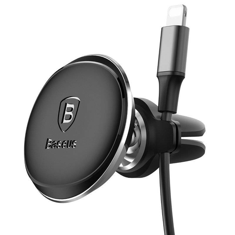 SUPORT AUTO Baseus Magnetic pt. SmartPhone, fixare bord in grila de ventilatie, rotire 360 grade, in partile laterale are 2 prinderi pentru 2 cabluri, negru 