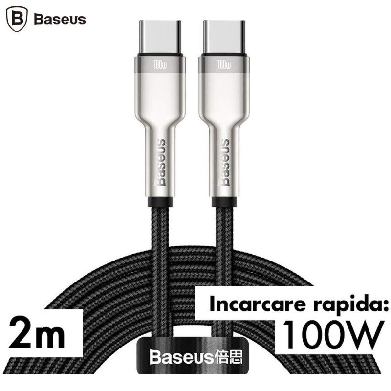 CABLU alimentare si date Baseus Cafule Metal, Fast Charging Data Cable pt. smartphone, USB Type-C la USB Type-C 100W, braided, 2m, negru 