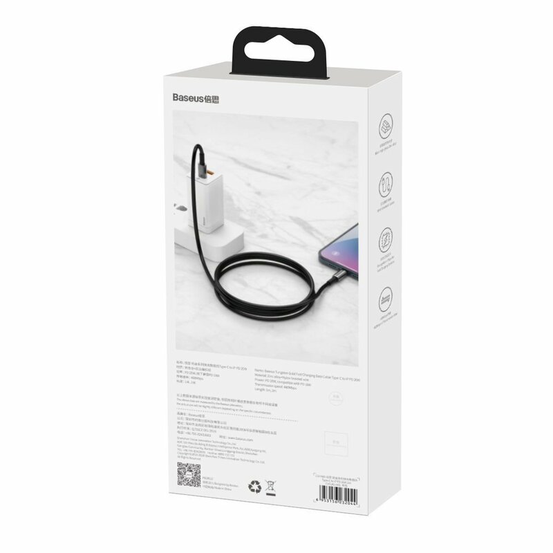 CABLU alimentare si date Baseus Tungsten Gold,Fast Charging Data Cable pt smartphone,USB Type-C la Lightning 20W,braided,1m,rezistent zgarieturi,negru